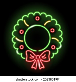 Neon icon of Cristmas wreath with decorations isolated on black background. Christmas, winter, New Year concept. Vector 10 EPS illustration.