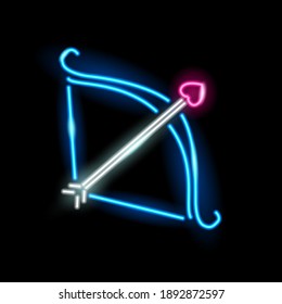 Neon icon of Cupid bow and arrow with heart in night signboard style isolated on black background. Love, St. Valentine Day, romantic, archery concept. Vector 10 EPS illustration.