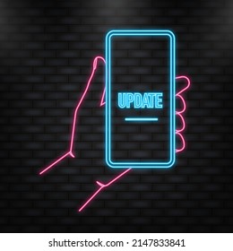 Neonsymbol. Datenaktualisierung oder Synchronisierung mit Barriereprozess. Update auf Notebook und Smartphone