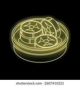 Neon icon of delicious chinese dumplings steaming in a bamboo basket