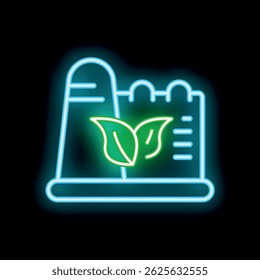 Neon icon depicting a factory with two leaves, symbolizing environmentally responsible manufacturing