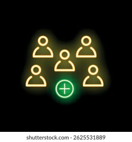Icono de neón que representa un grupo de cinco individuos con un signo más verde brillante, que simboliza la adición de un nuevo miembro