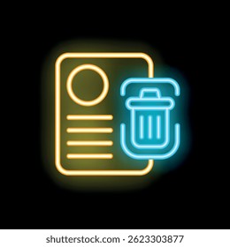 Neon icon of a document being dragged to the trash and permanently deleted