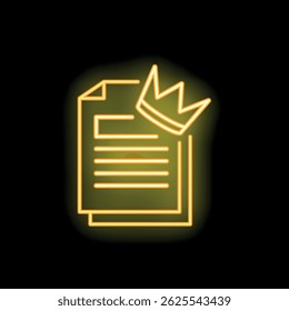 Neon icon of a document with a crown is glowing on a black background, representing intellectual property