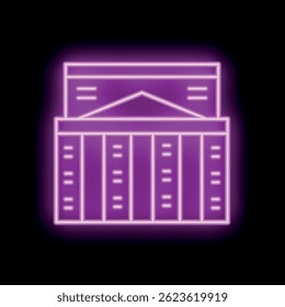Neon icon of a document storage box with an open lid and papers inside, glowing purple light