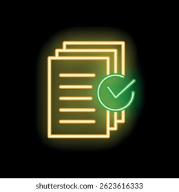 Neon icon of documents with check mark on black background