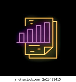 Ícone de néon de documentos que exibem um gráfico de barras crescente, brilhando em um fundo preto, perfeito para tópicos como negócios e finanças