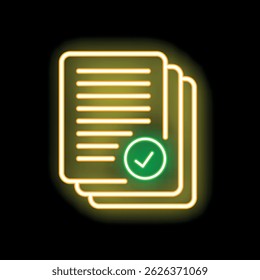 Icono de neón de documentos con una marca de verificación verde que representa la validación sobre un fondo negro