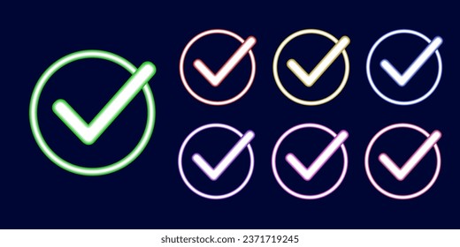 Neon icon done for website. Check mark neon. Button