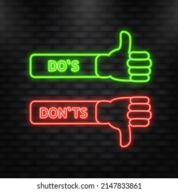 Neon Icon. Dos and Donts banner. Approved and Rejected. Positive feedback concept. Flat banner. Vector illustration