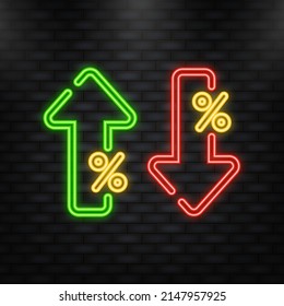 Icono Neon. Flecha abajo, signo de porcentaje - descuento, símbolo simple de venta