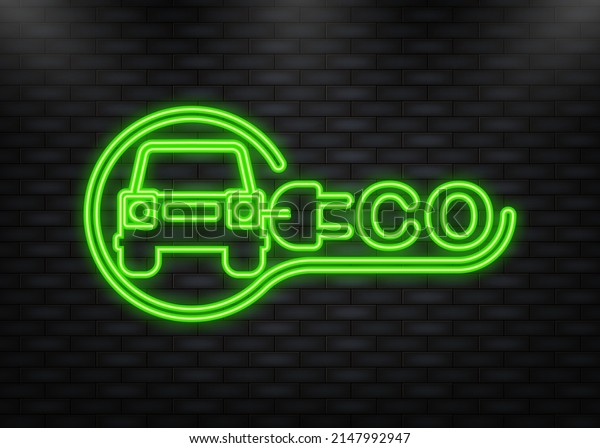 Neon Icon. Electric\
car and Electrical charging station symbol on a white background.\
Vector illustration