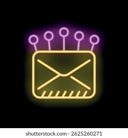 Neon icon of an email envelope with pins sticking out of it, representing the concept of spam