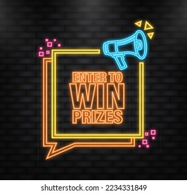 Neon Icon. Enter to win prizes megaphone yellow banner in 3D style on white background. Vector illustration