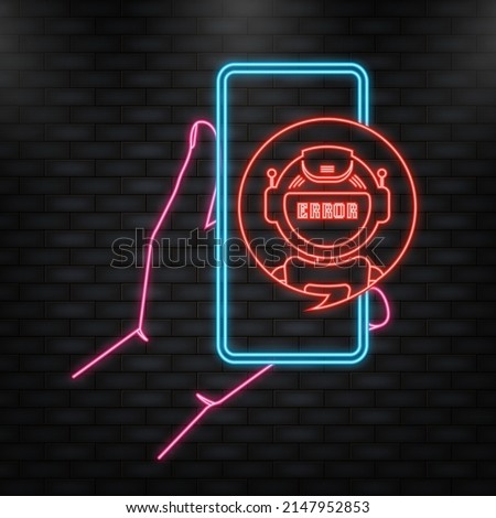 Neon Icon. Error chatbot glyph icon. Silhouette symbol. Talkbot with error in speech bubble. Error bot. Artificial intelligence