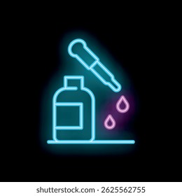 Neon icon of essential oil dropping from a pipette into a bottle, representing aromatherapy and wellness