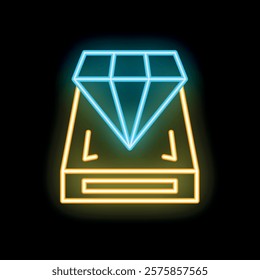 Neon icon of external hard drive with abstract shining brilliant diamond representing data storage security