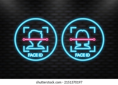 Neonsymbol. Gesichtserkennung, großartiges Design für jeden Zweck. Schutzsymbol, Vektor. Persönlicher Schutz.