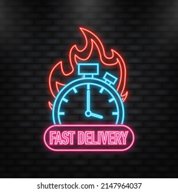 Neon Icon. Fast delivery service badge. Fast time delivery order with car on white background. Vector illustration