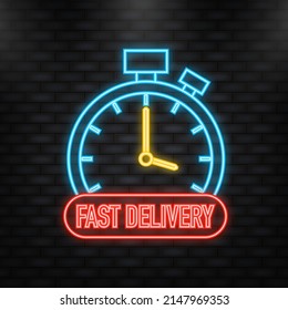 Neon Icon. Fast delivery service badge. Fast time delivery order with car on white background. Vector illustration