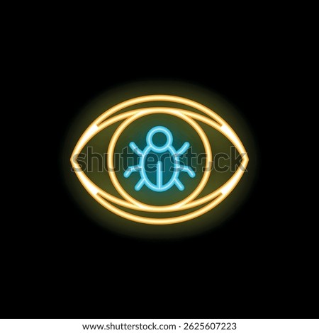 Neon icon featuring an eye focused on a computer bug, symbolizing the constant vigilance needed in cybersecurity