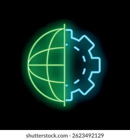 Icono de neón con un globo dividido con un engranaje, que simboliza la fusión de negocios globales y tecnología