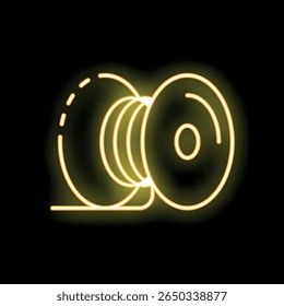 Neon icon of a fishing reel glowing yellow on a black background