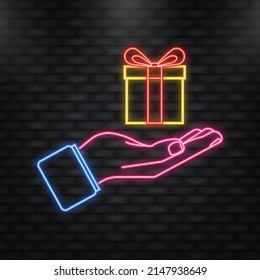 Neon Icon. Flat icon with gift in hand. Christmas design. Holiday wedding. Shopping event illustration. Gift box icon.