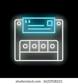 Neon icon of a floppy disk saving a document, with an envelope symbol glowing in blue
