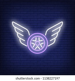Neon icon of flying wheel. Tire shop, fitting, wings. Car service concept. Can be used for maintenance, garage, repair center