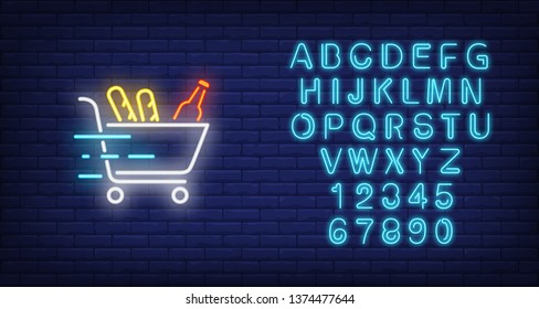 Neon icon of food delivery. Shopping trolley with loafs and bottle in motion on brick wall background. Online shopping concept. Can be used for neon signs, posters, billboards, banners