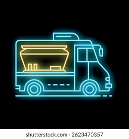 Neon icon of a food truck serving street food at a festival