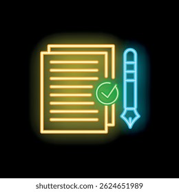 Neon icon of a fountain pen writing on a document with a check mark, symbolizing successful completion