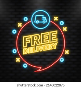 Neon Icon. Free delivery service badge. Free delivery order with car on white background. Vector illustration.