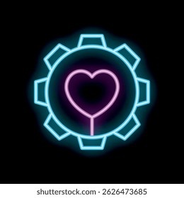 Ícone de néon de uma roda de engrenagem com um coração dentro representando o conceito de máquina de amor