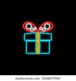 Neon icon in a gift box with a heart highlighted on a black background. Valentines Day, holiday, surprise concept. Vector illustration.