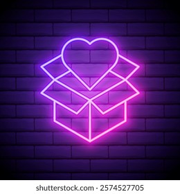 Neon icon of gift box with heart isolated on brick background. St. Valentine Day, holiday, surprise concept. Vector 10 EPS illustration