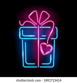 Neon icon of gift box with heartshape lable isolated on black background. St. Valentine Day, holiday, surprisw concept. Vector 10 EPS illustration.