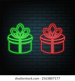 Neon icon of gift box with heartshape lable isolated on black background. St. Valentine Day, holiday, surprisw concept. Illustration..