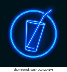 Neon Icon. A glass for a drink with a straw. Editable vector image.