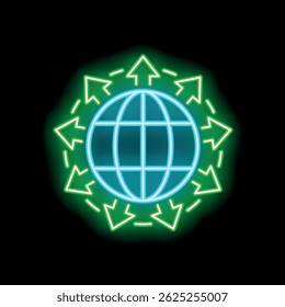 Neon icon of a globe with green arrows pointing in different directions, symbolizing global business and international trade