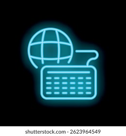 Neon icon of globe hovering over keyboard representing global communication