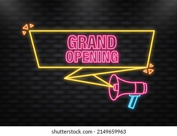 Neon Icon. Grand opening megaphone yellow banner in 3D style on white background. Vector illustration