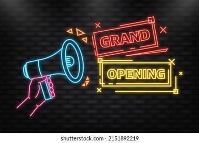 Neon Icon. Grand opening megaphone yellow banner in 3D style on white background. Vector illustration
