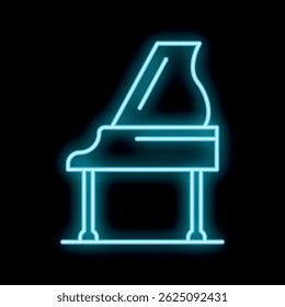 Neon icon of a grand piano glowing blue, representing music and entertainment