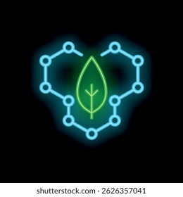 Neon icon of a green leaf inside a molecular structure representing eco friendly products and sustainability