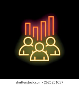 Neon icon of a group of businesspeople standing under a growing bar graph on a dark background