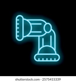 Neon icon of a hair dryer emitting a light blue glow against a black background