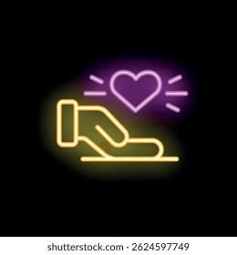 Neon icon of a hand holding a brightly glowing heart representing charity and love