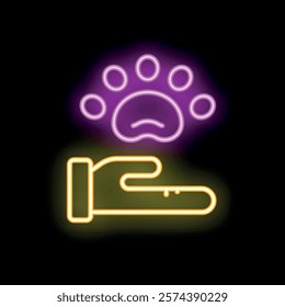 Neon icon of a hand holding a pet paw print, a symbol of veterinary care and animal welfare